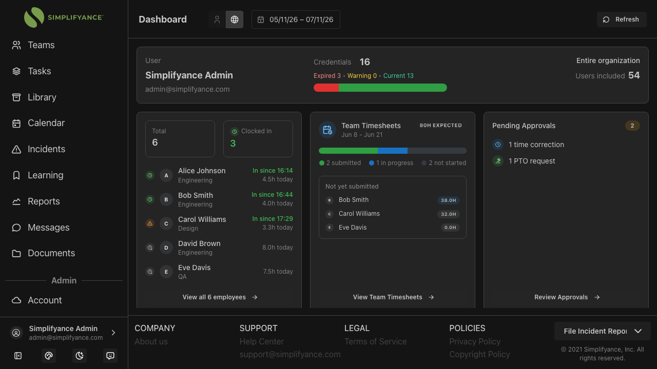 Simplifyance compliance dashboard showing open tasks, incidents, and training at a glance
