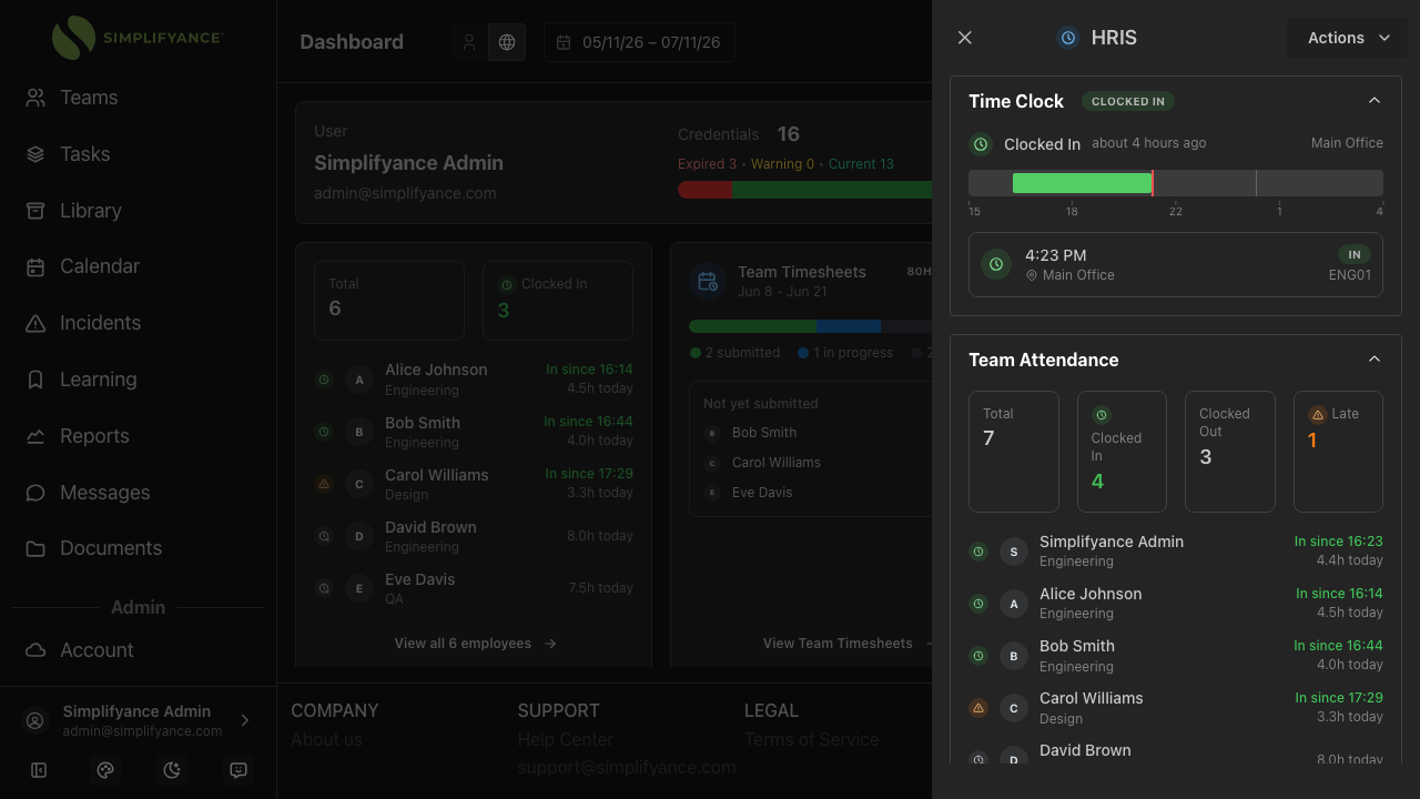 Simplifyance HRIS sidebar with time clock, team attendance, and HR documents expanded