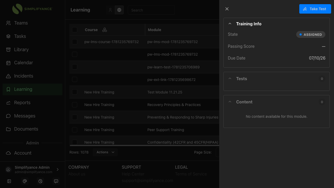 Simplifyance learning page with training details and module content in the sidebar